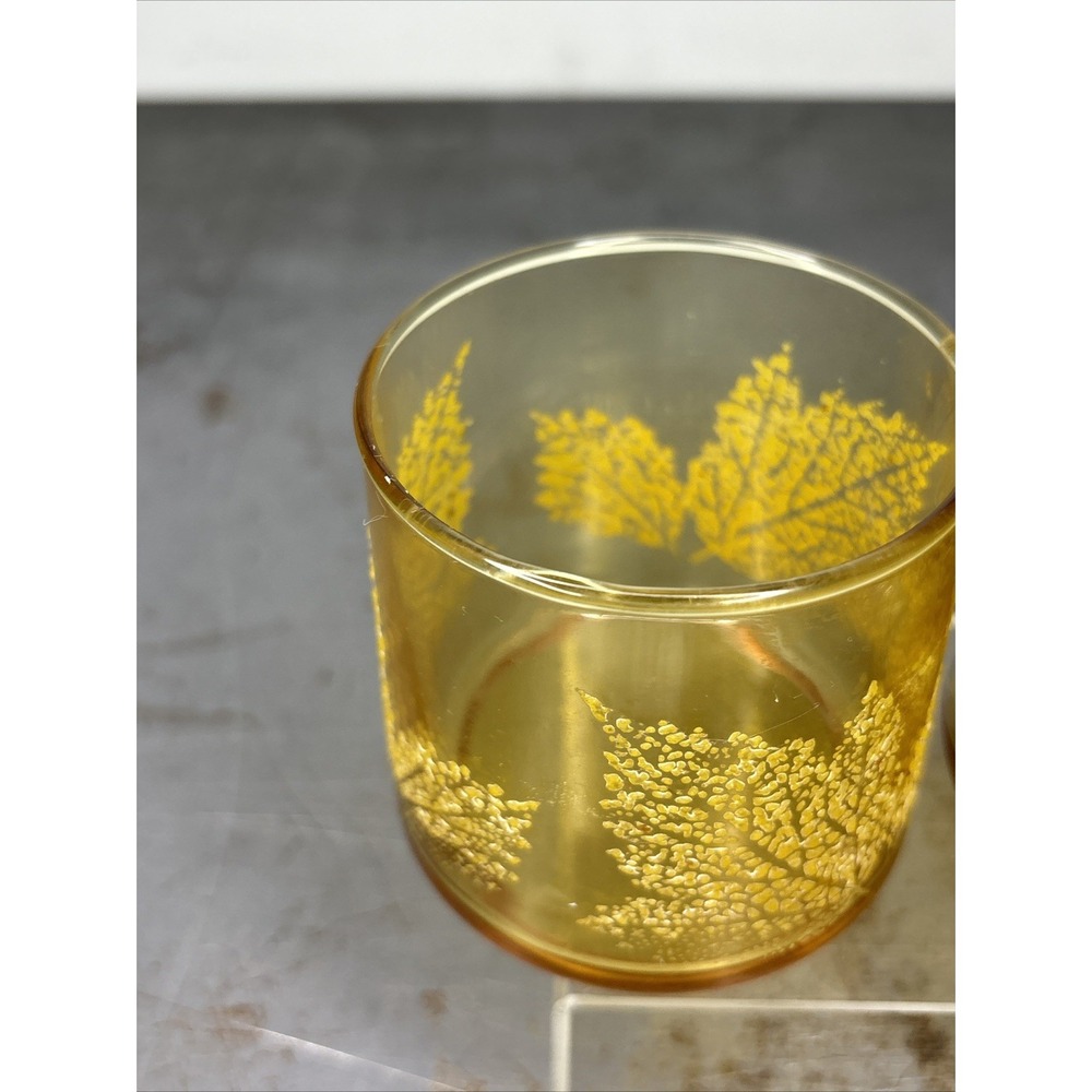 Vintage Amber Glass Leaf Embossed Lowball Juice Glasses MCM Cocktail - Picture 2 of 7